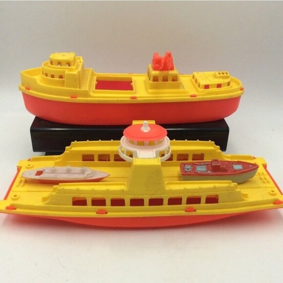Vintage 60s Toy Plastic Ferry Boat 12” Greek Penny Car Carrier Tug Boats Set 4 - Picture 1 of 16